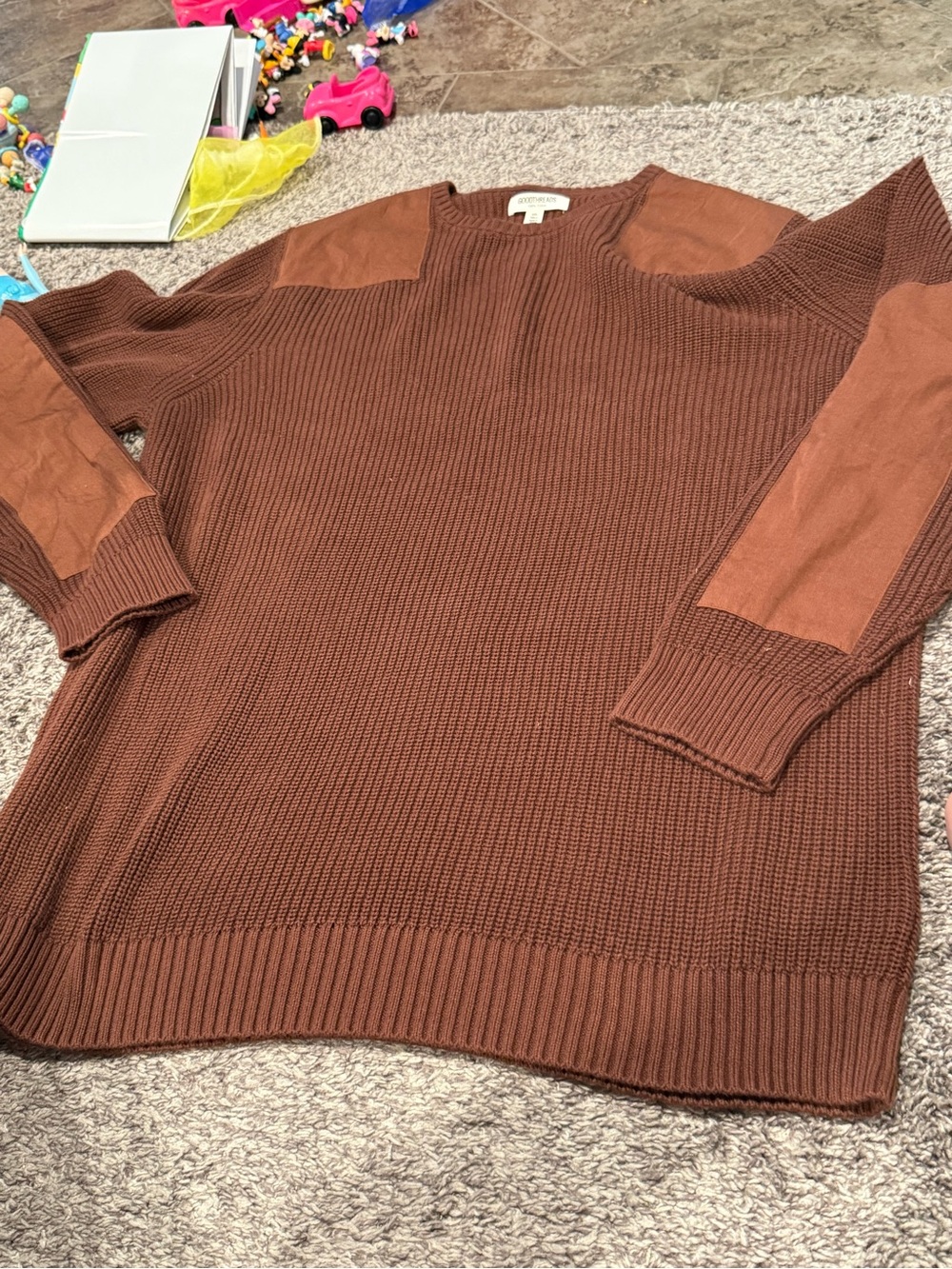 Men's tall chocolate Brown Knit Crewneck Sweater with Elbow Patches